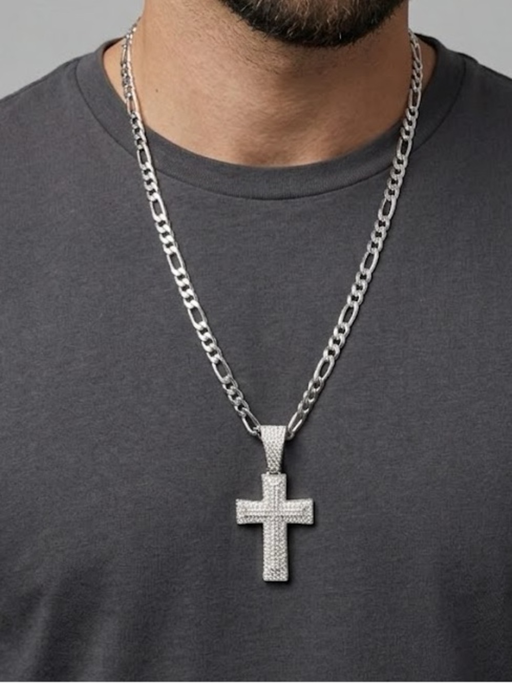 New Iced Out Cross Pendant & Figaro Chain Necklace.